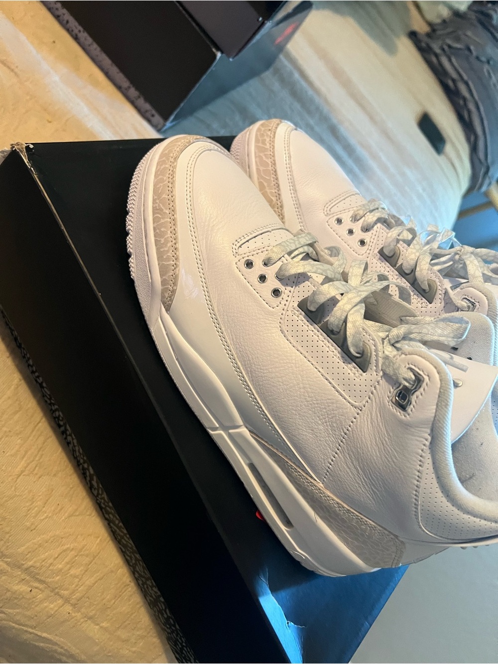 Pure Money Jordan 3s Nike Men’s White and Light Gray Leather Sneakers
